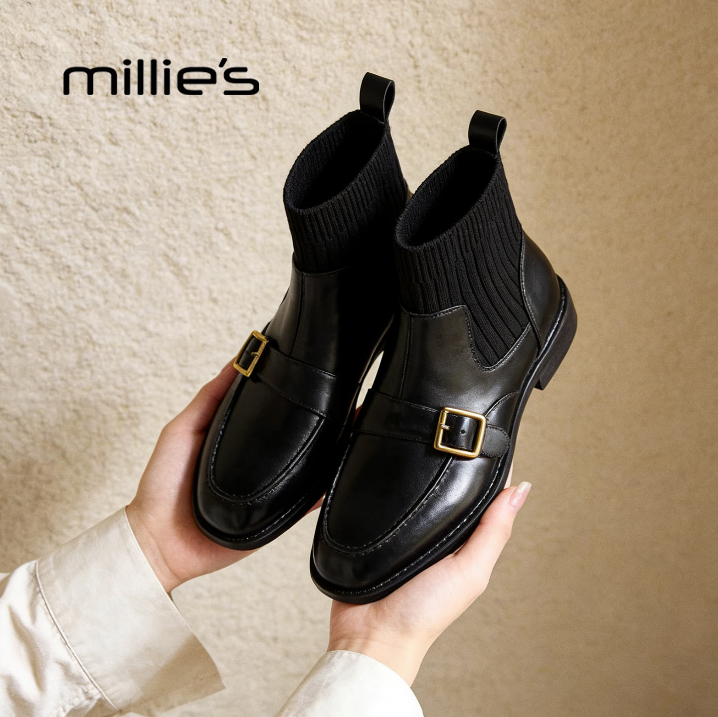 millies妙丽尖头粗跟短靴瘦瘦靴