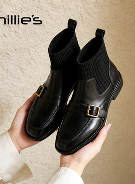 MILLIE'S/妙丽真皮黑色切尔西靴女款春季新款尖头粗跟短靴瘦瘦靴