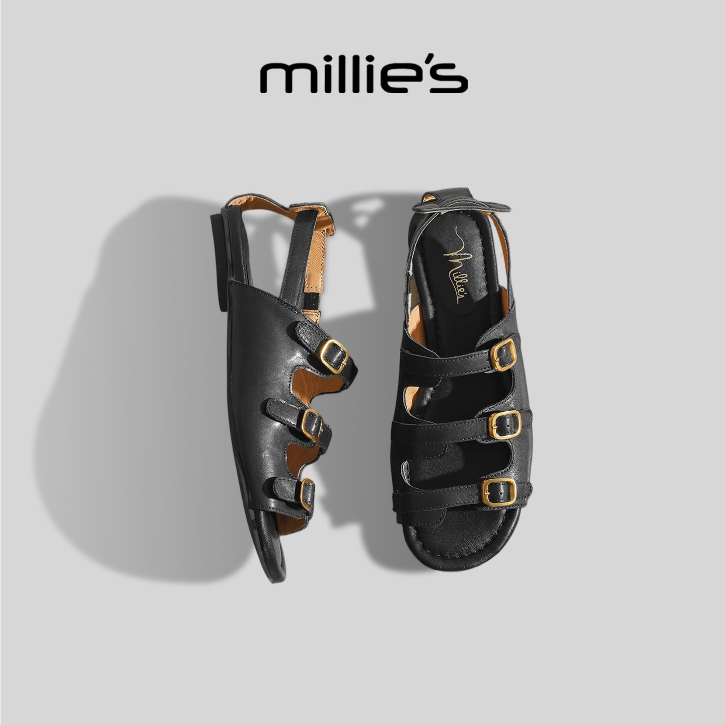 MILLIE'S/妙丽露趾罗马凉鞋女夏季新款多扣带皮带扣平底轻便黑色