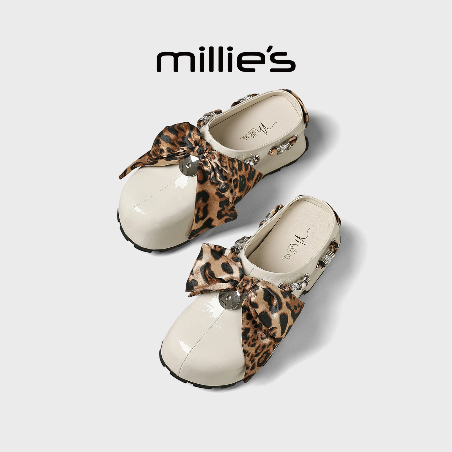 MILLIE'S/妙丽厚底包头半拖鞋女款增高穆勒鞋豹外穿一脚蹬勃肯鞋