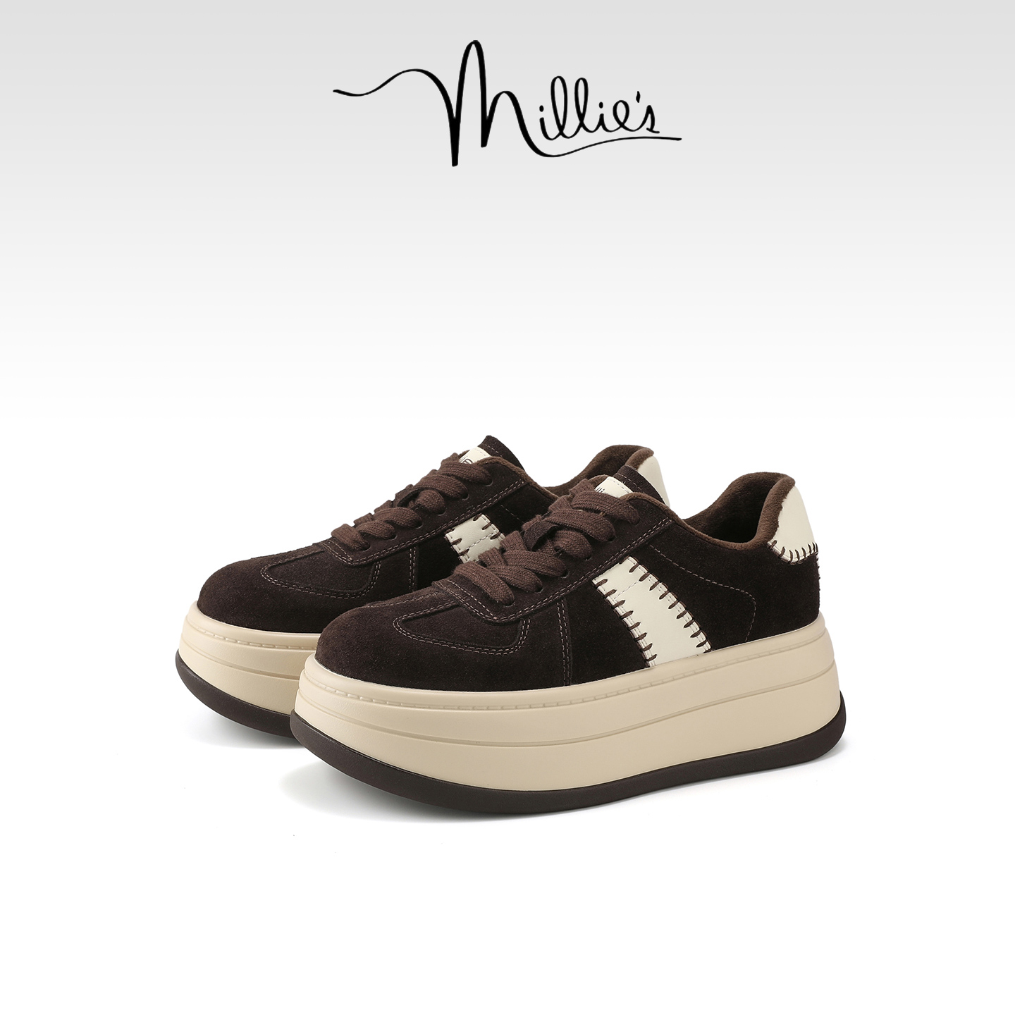 MILLIE'S/妙丽加绒德训鞋女冬款增高厚底松糕鞋百搭低帮休闲板鞋