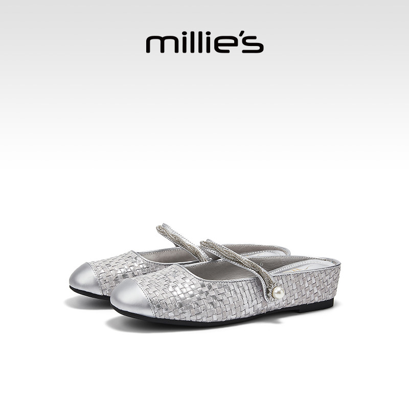 MILLIE'S/妙丽银色编织包头拖鞋女夏季外穿玛丽珍平底凉拖高级感