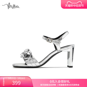millie's/妙丽新款时尚牛皮链条镶钻一字带粗高跟女凉鞋SFL02BL2