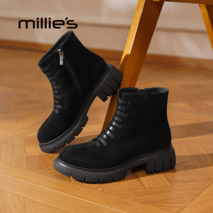 millies 帅气马丁靴女机车靴加绒保暖系带短靴LOK41DZ9 妙丽冬季