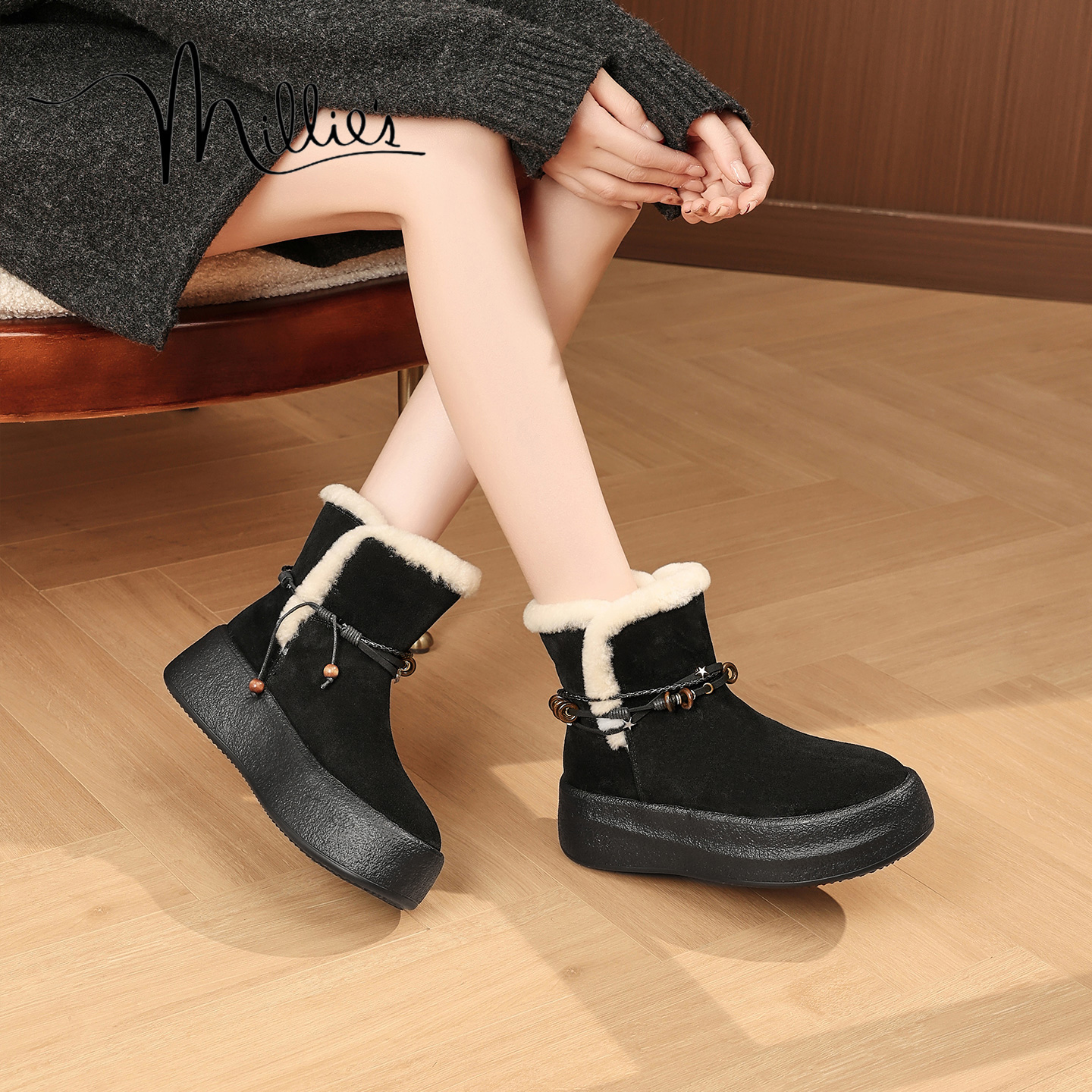 MILLIE'S/妙丽短筒靴加绒女靴2025冬季新款皮毛一体保暖雪地靴