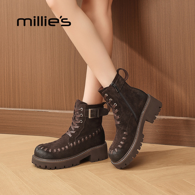 MILLIE S/妙丽2025秋冬新款时尚百搭厚底增高马丁靴女复古短靴