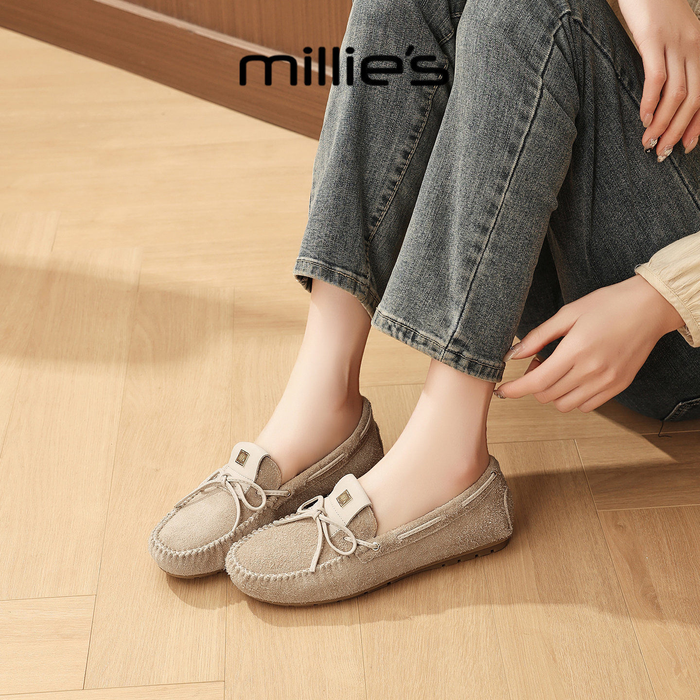 MILLIE'S/妙丽复古风真皮豆豆鞋女乐福鞋软底轻便不累脚休闲单鞋