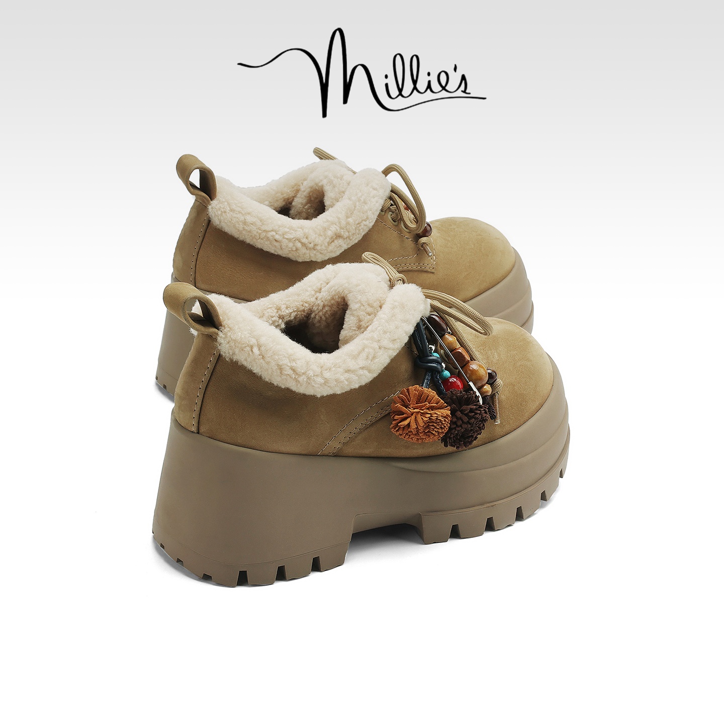 MILLIE'S/妙丽加绒厚底松糕鞋女冬串珠系带增高休闲鞋小个子棉鞋