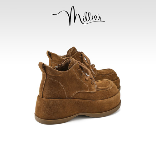 MILLIE'S/妙丽复古磨砂皮勃肯鞋女松糕底系带棉鞋秋冬外穿厚底鞋