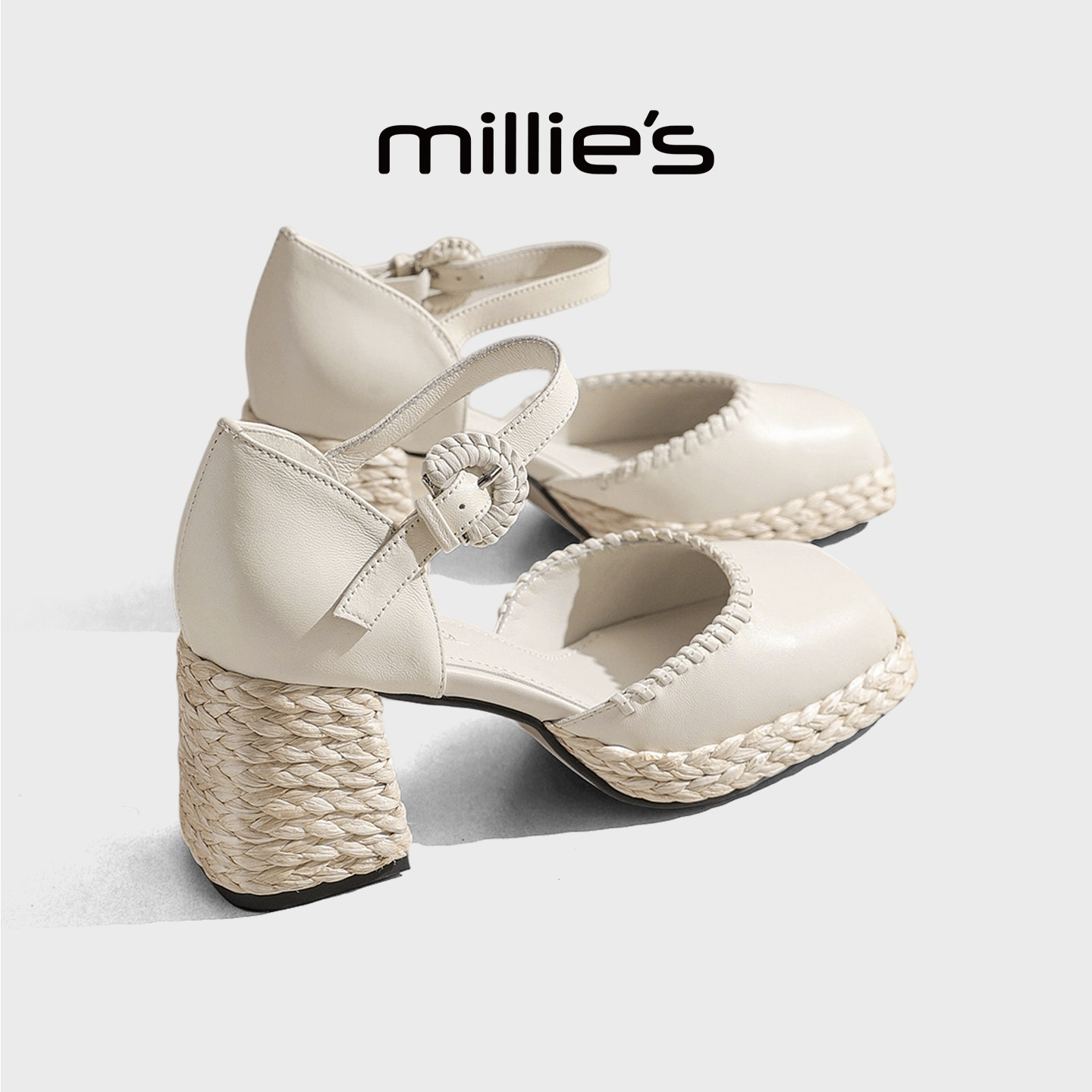 MILLIE'S/妙丽真皮方头玛丽珍鞋女鞋米白色草编粗跟气质高跟单鞋