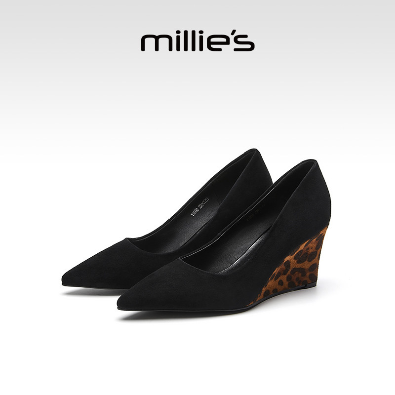 MILLIE'S/妙丽豹纹坡跟尖头浅口单鞋女春夏通勤气质高跟鞋不累脚