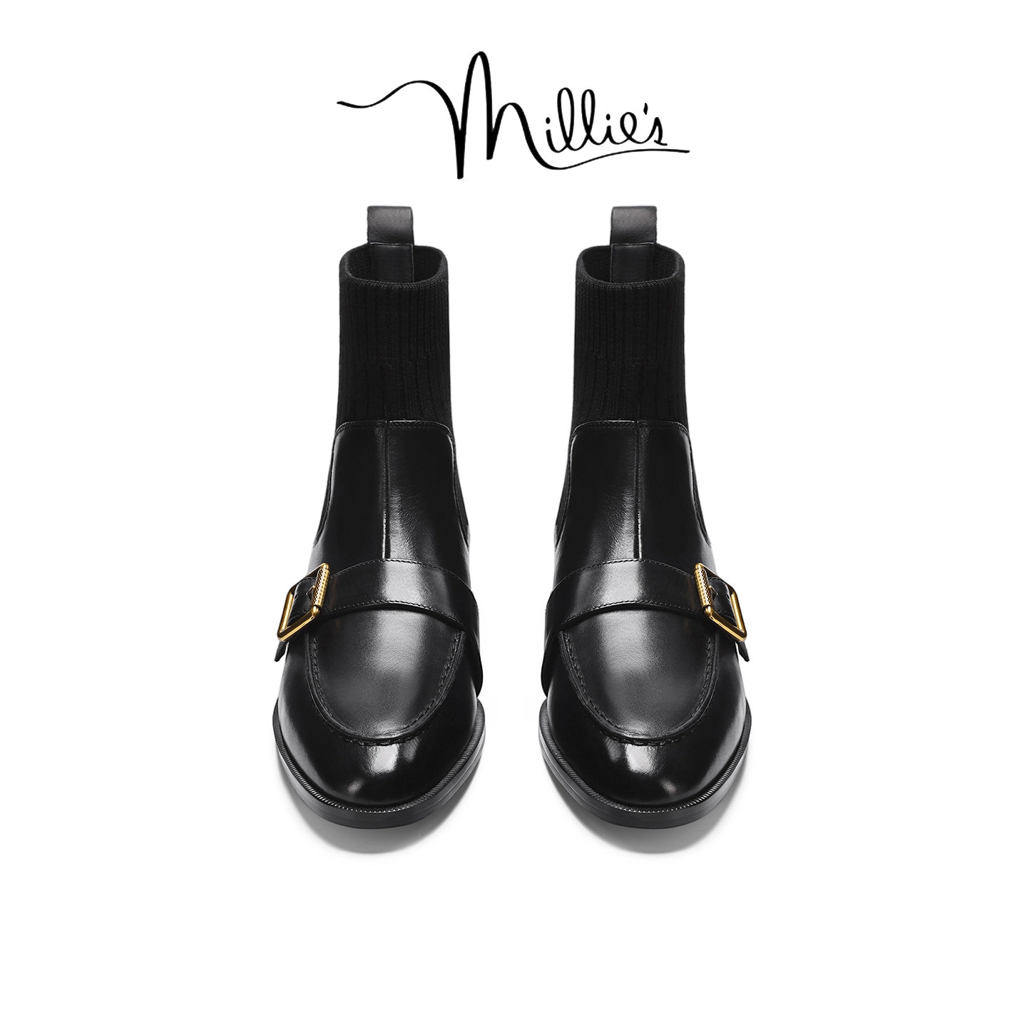 MILLIE'S/妙丽英伦风真皮马丁靴女黑色短靴金属扣装饰百搭瘦瘦靴