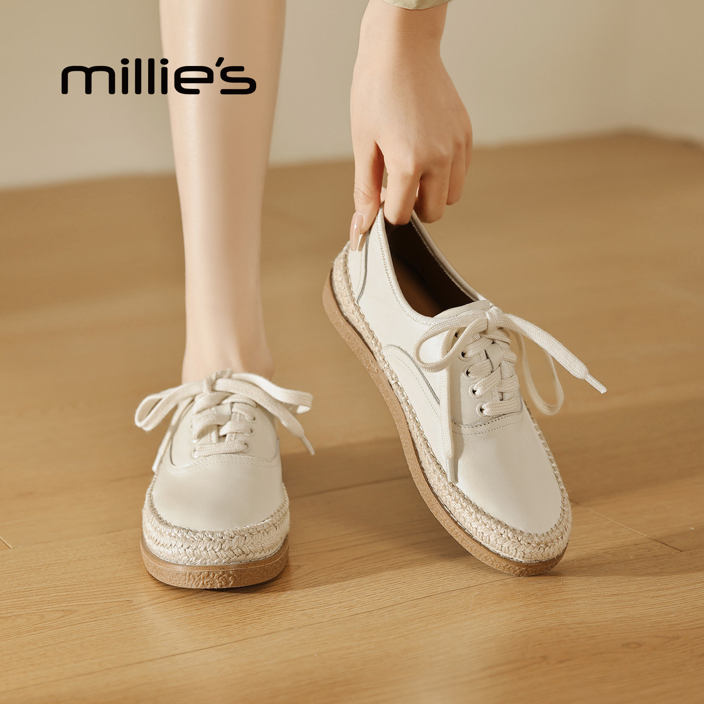 MILLIE'S/妙丽英伦真皮流苏乐福鞋女夏季米白色一脚蹬老钱风单鞋