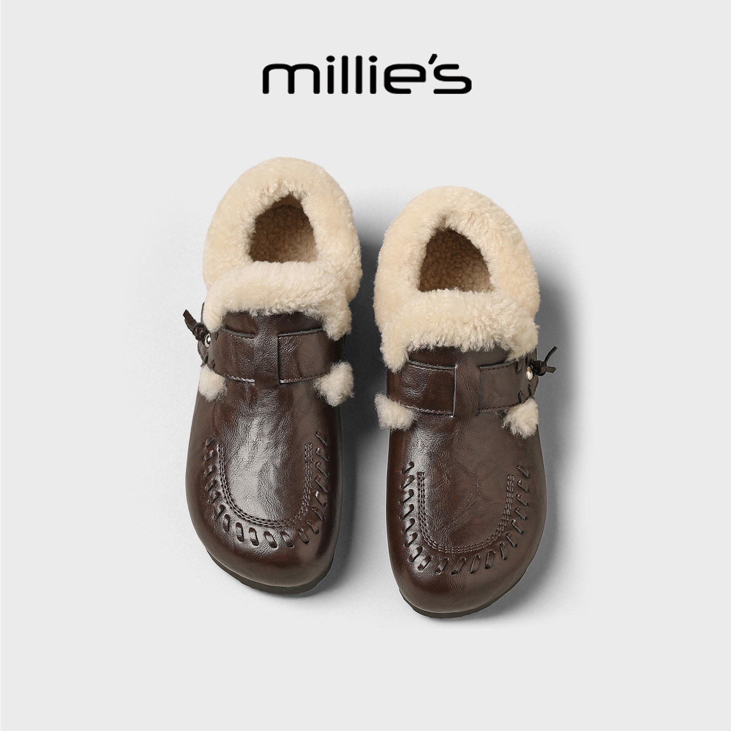 MILLIE'S/妙丽全包勃肯鞋女款夏季加绒保暖雪地靴一脚蹬毛毛棉鞋