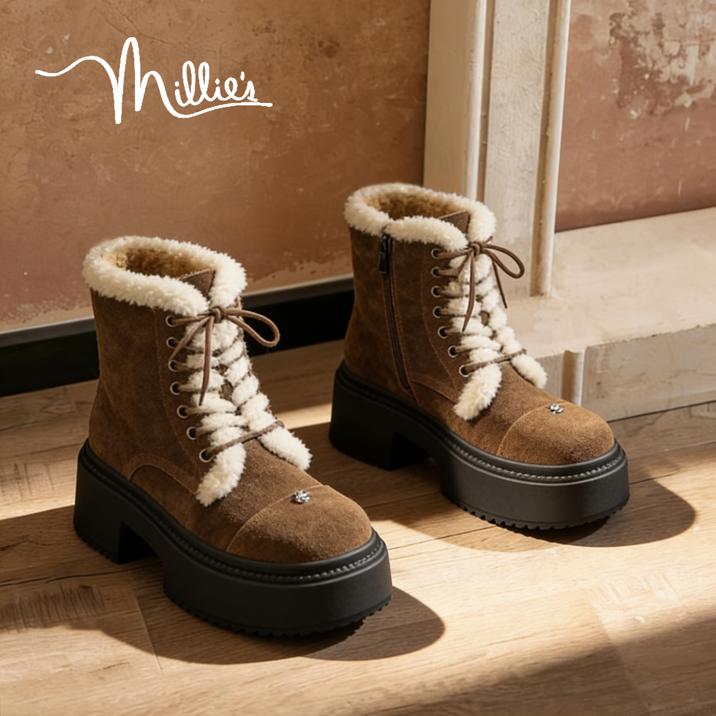 MILLIE'S/妙丽加绒马丁靴女棕色新款冬季保暖增高厚底工装短靴子