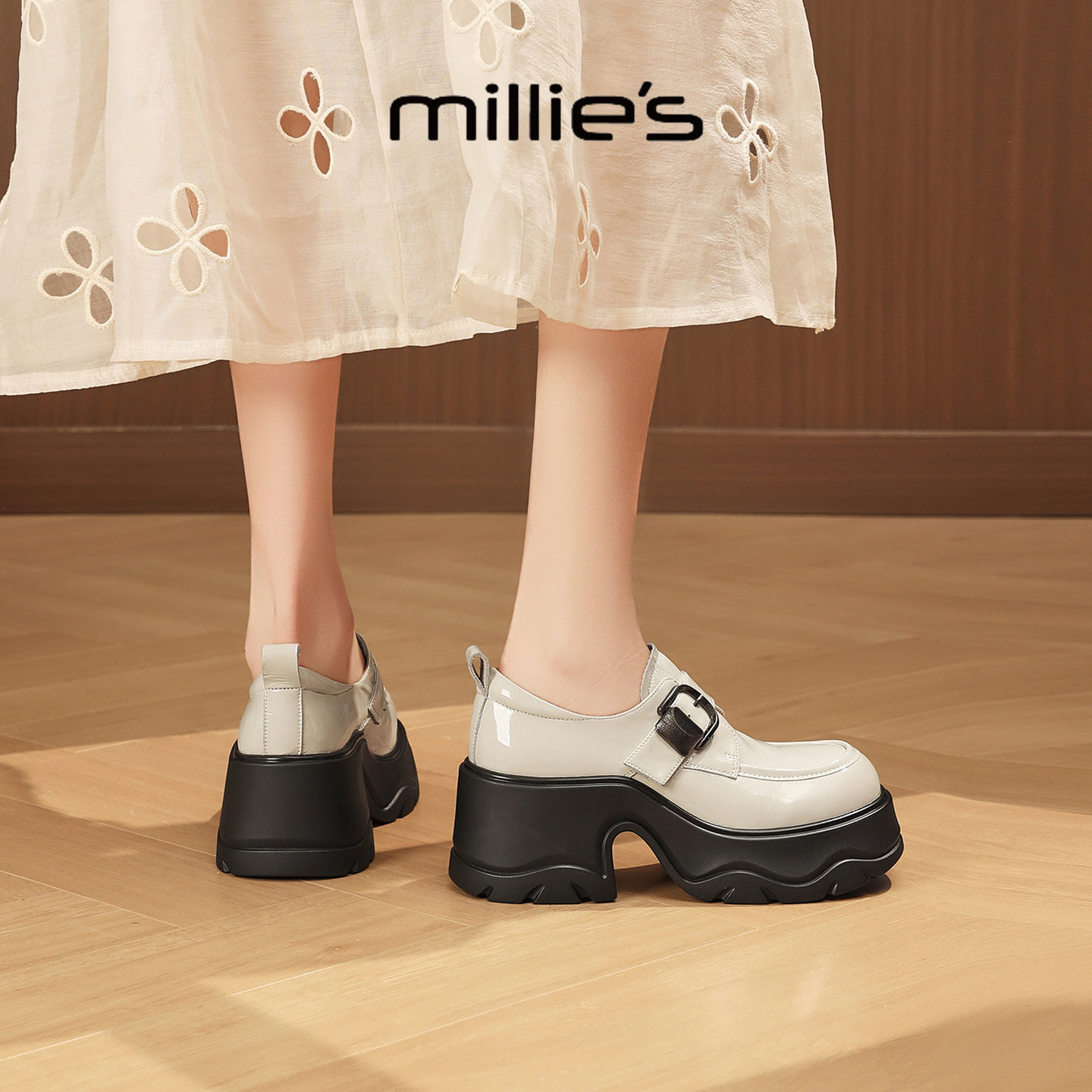 MILLIE'S/妙丽厚底乐福鞋女2026新款春季英伦风皮带扣增高小皮鞋,女鞋,深口单鞋,淘宝优惠券,粉丝福利购,淘宝优惠卷