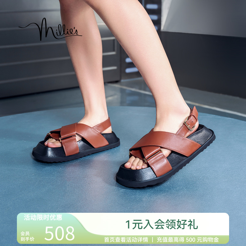 妙丽小魔兽凉鞋2025夏季宽条带设计舒适厚底勃肯凉拖鞋女JL276BL4
