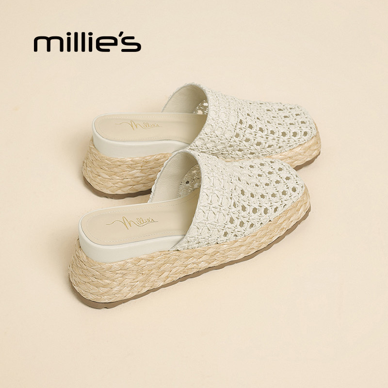 millies妙丽厚底编织包头半拖鞋女款2025夏款草编舒适穆勒拖外穿
