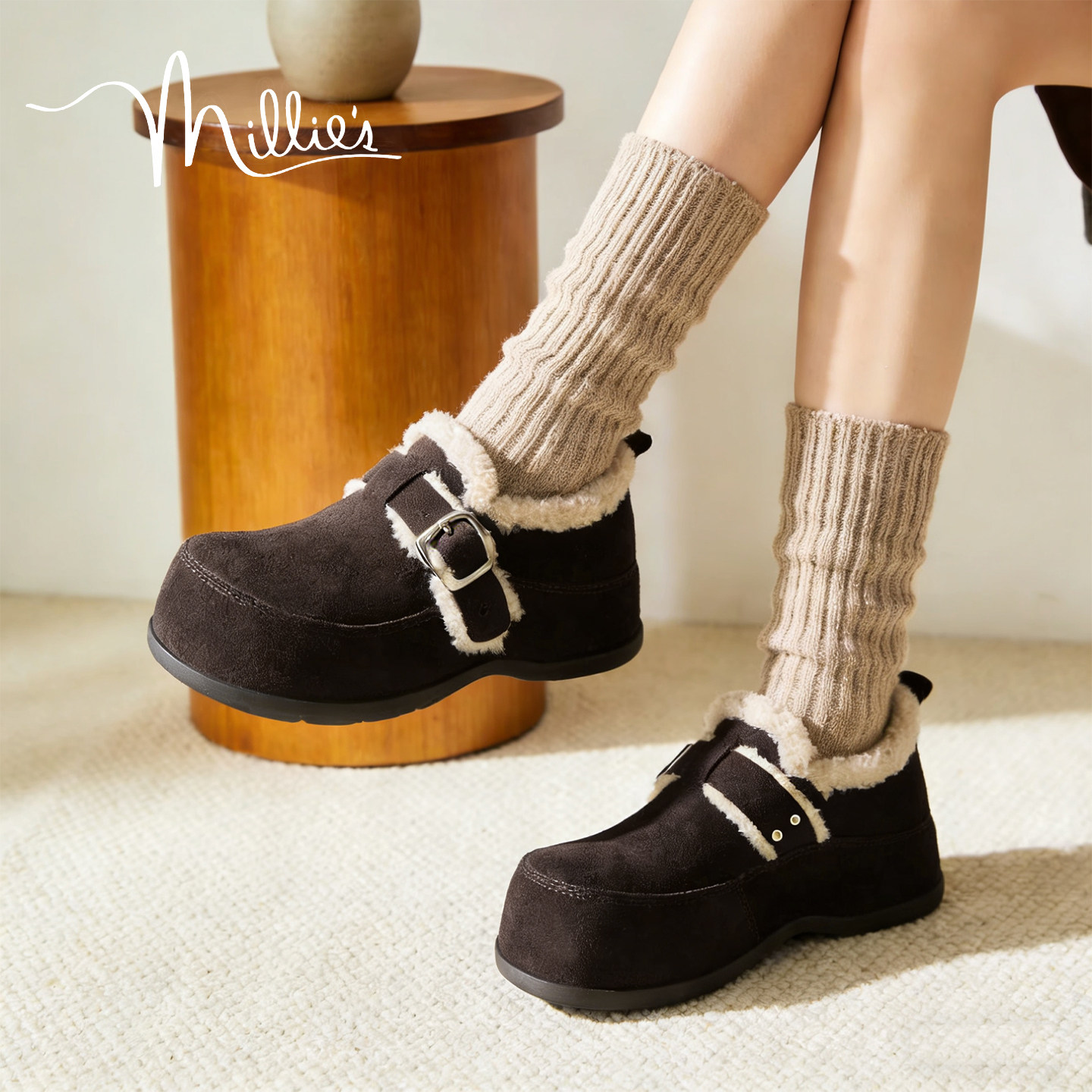 MILLIE'S/妙丽加绒勃肯鞋女冬季厚底保暖毛绒一脚蹬增高休闲鞋