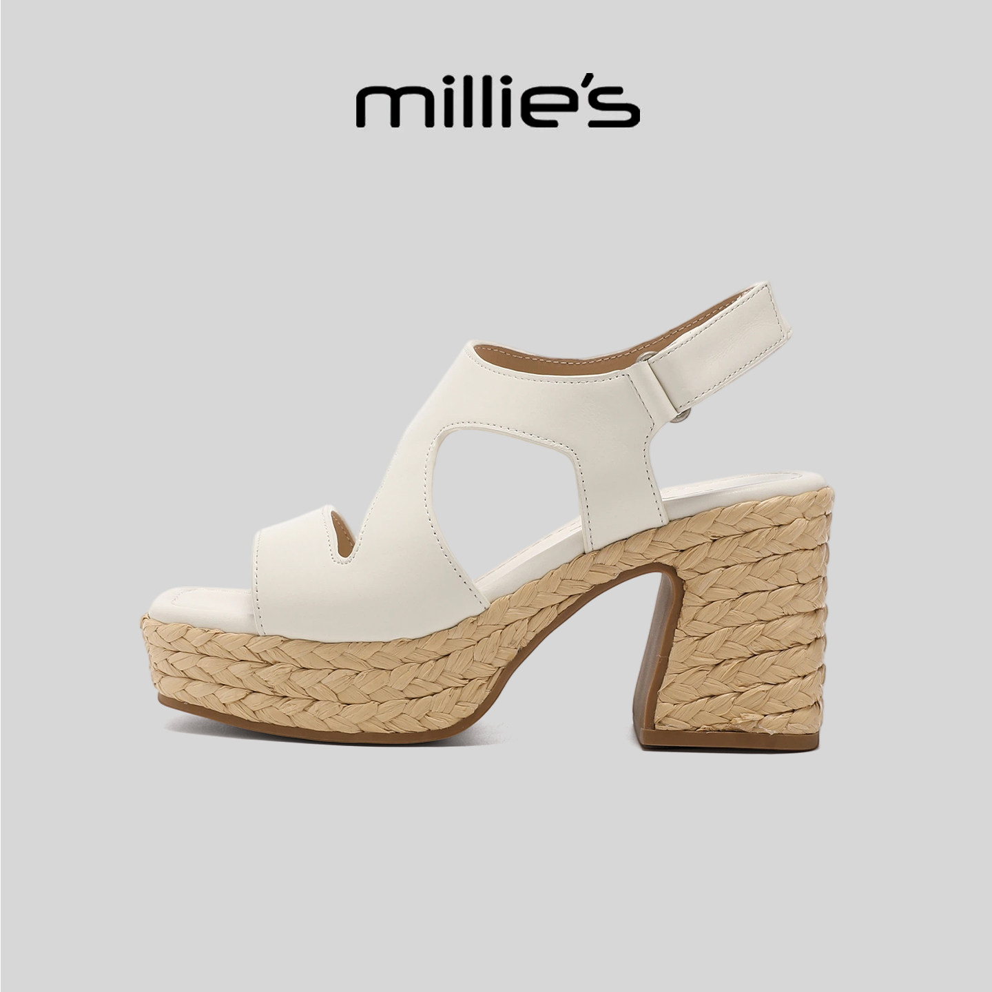 MILLIE'S/妙丽简约优雅坡跟厚底一字带凉鞋编织底舒适百搭高跟鞋
