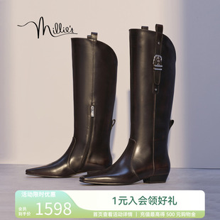 复古铆钉显瘦方头高筒靴女西部骑士靴BR252DG4 妙丽2025春牛皮美式