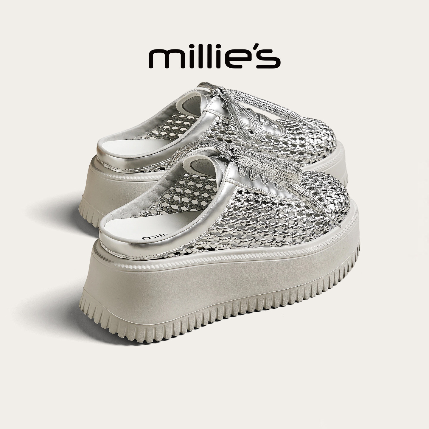 MILLIE'S/妙丽休闲风外穿拖鞋女春夏镂空包头半拖鞋厚底透气女鞋