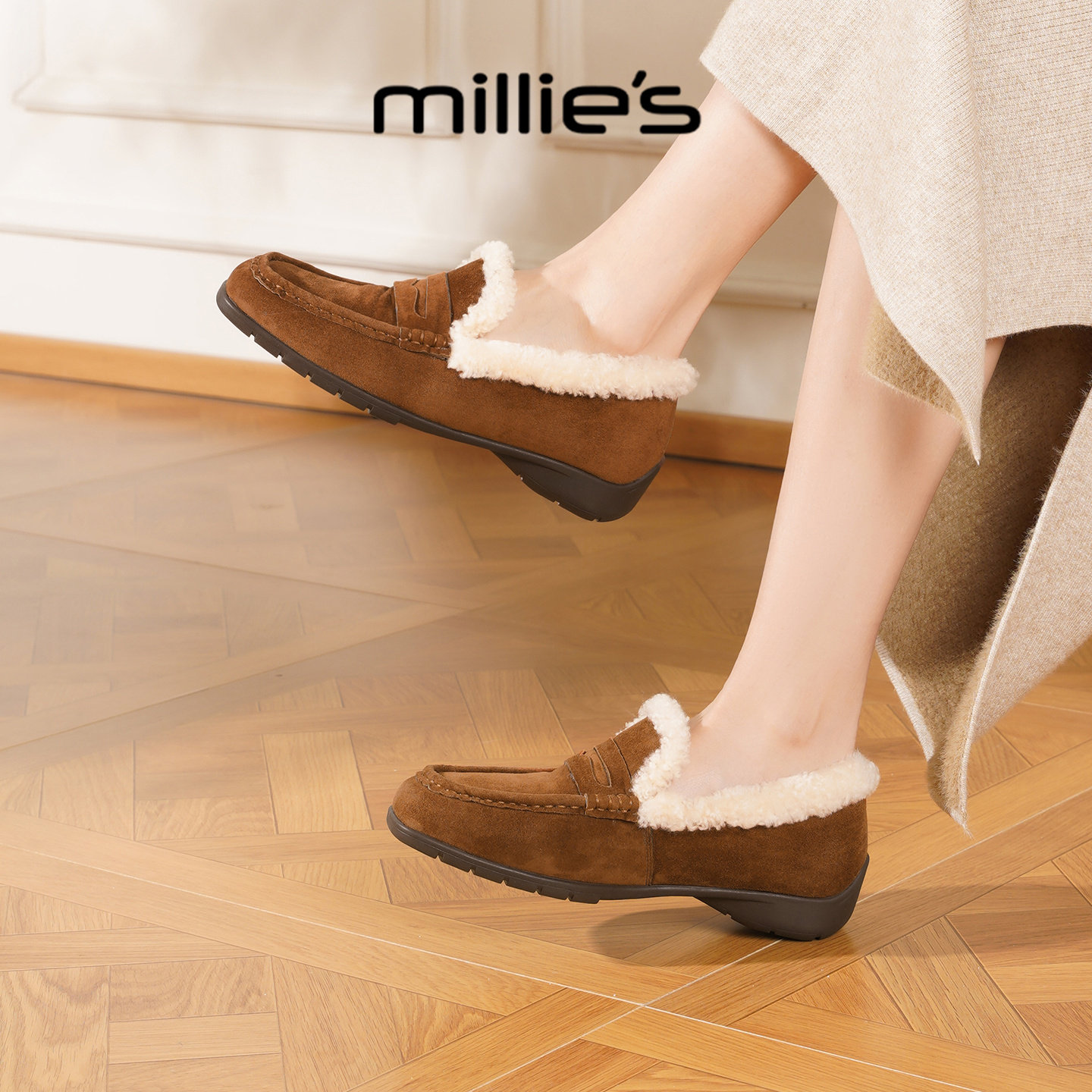 MILLIE'S/妙丽加绒乐福鞋女2026新款夏季保暖反绒豆豆鞋毛绒棉鞋