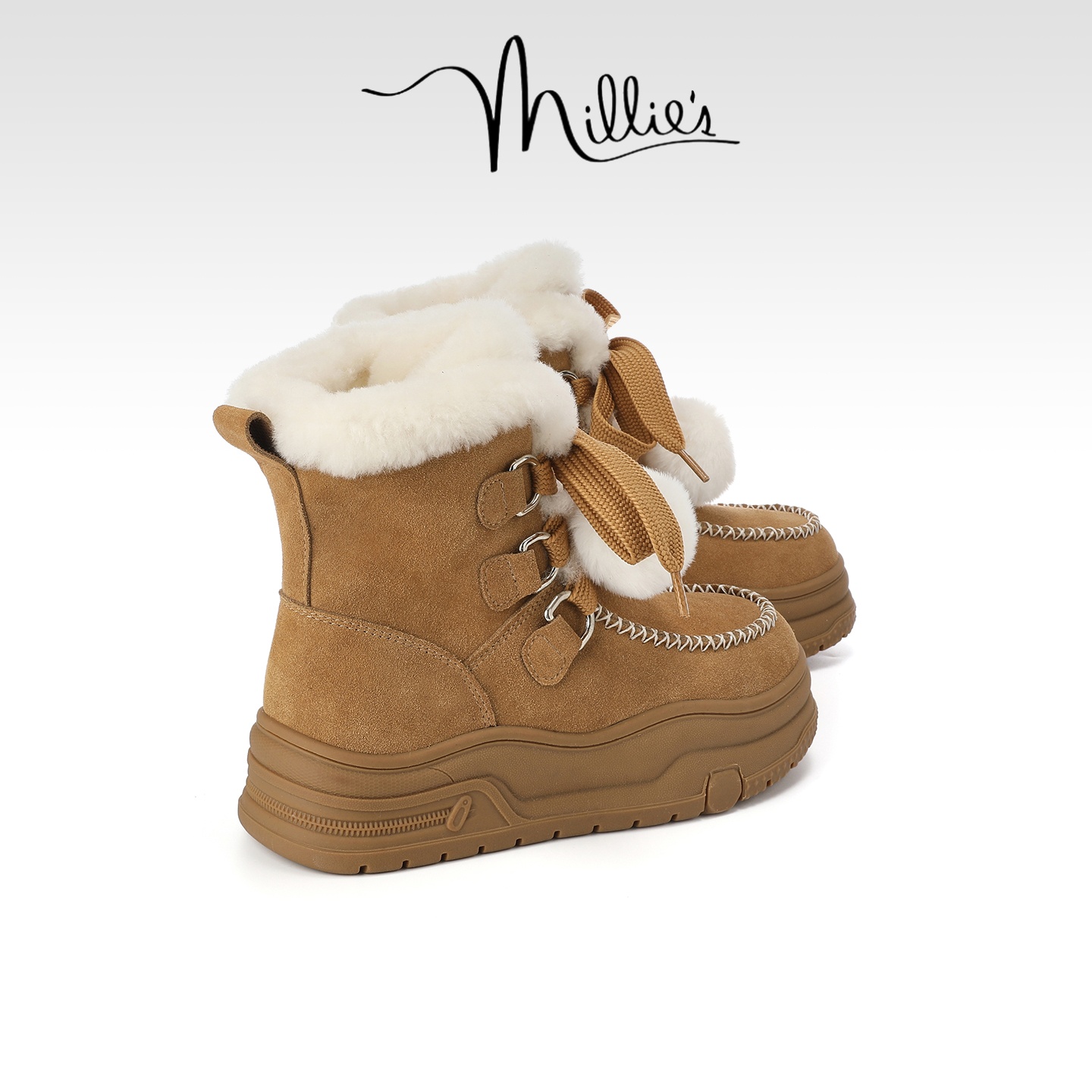 MILLIE'S/妙丽皮毛一体翻边雪地靴女冬季加绒加厚保暖厚底棉鞋
