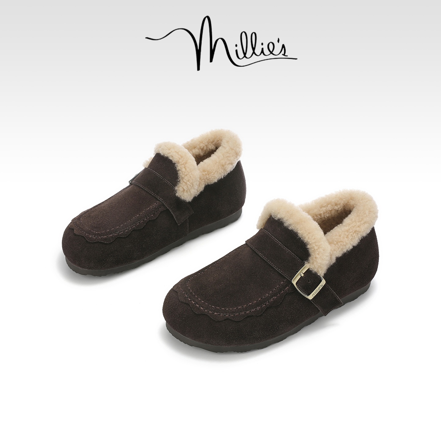 MILLIE'S/妙丽反绒皮豆豆勃肯鞋女毛绒保暖皮带扣乐福鞋软木鞋