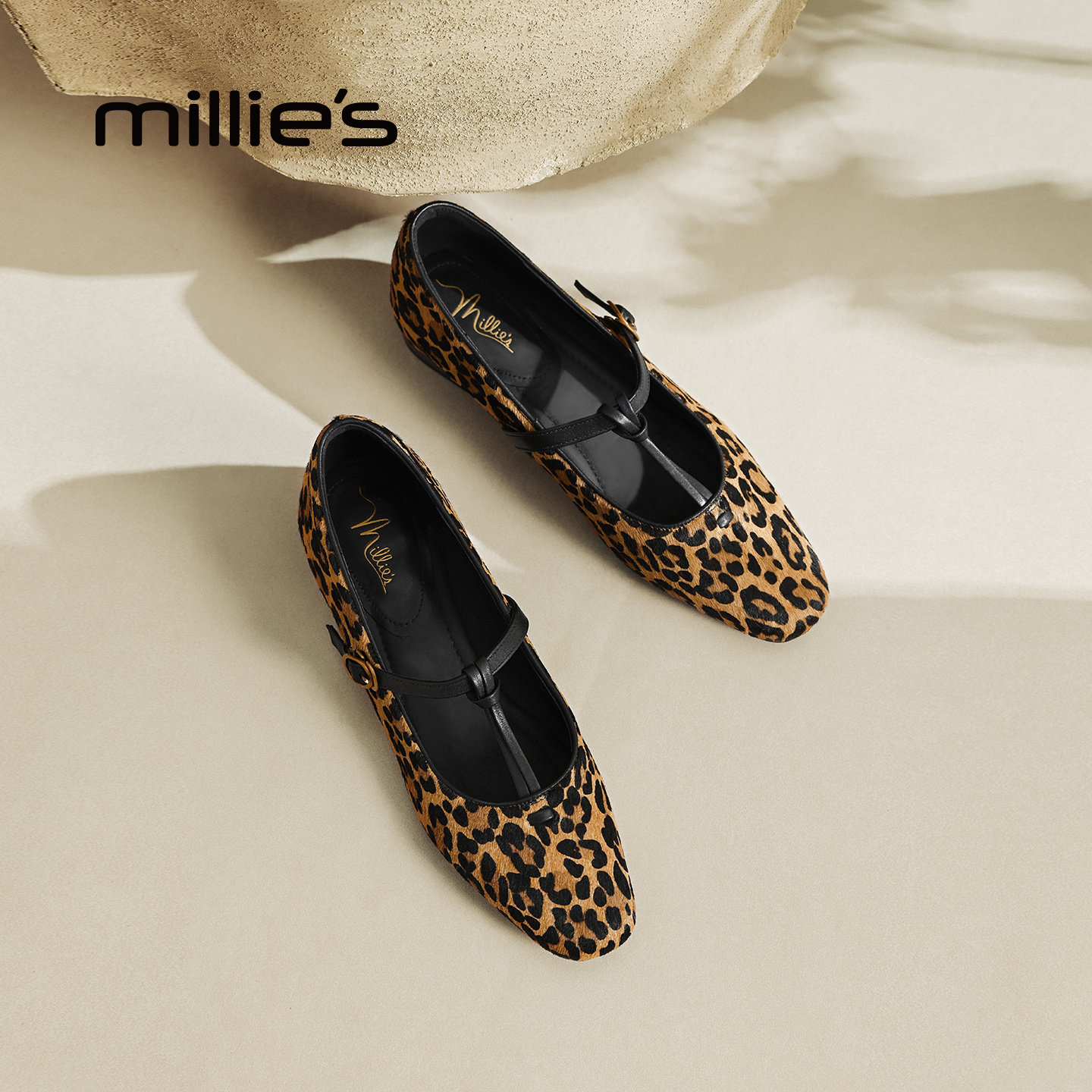 MILLIE'S/妙丽法式豹纹玛丽珍鞋女一字带芭蕾舞鞋气质通勤单鞋