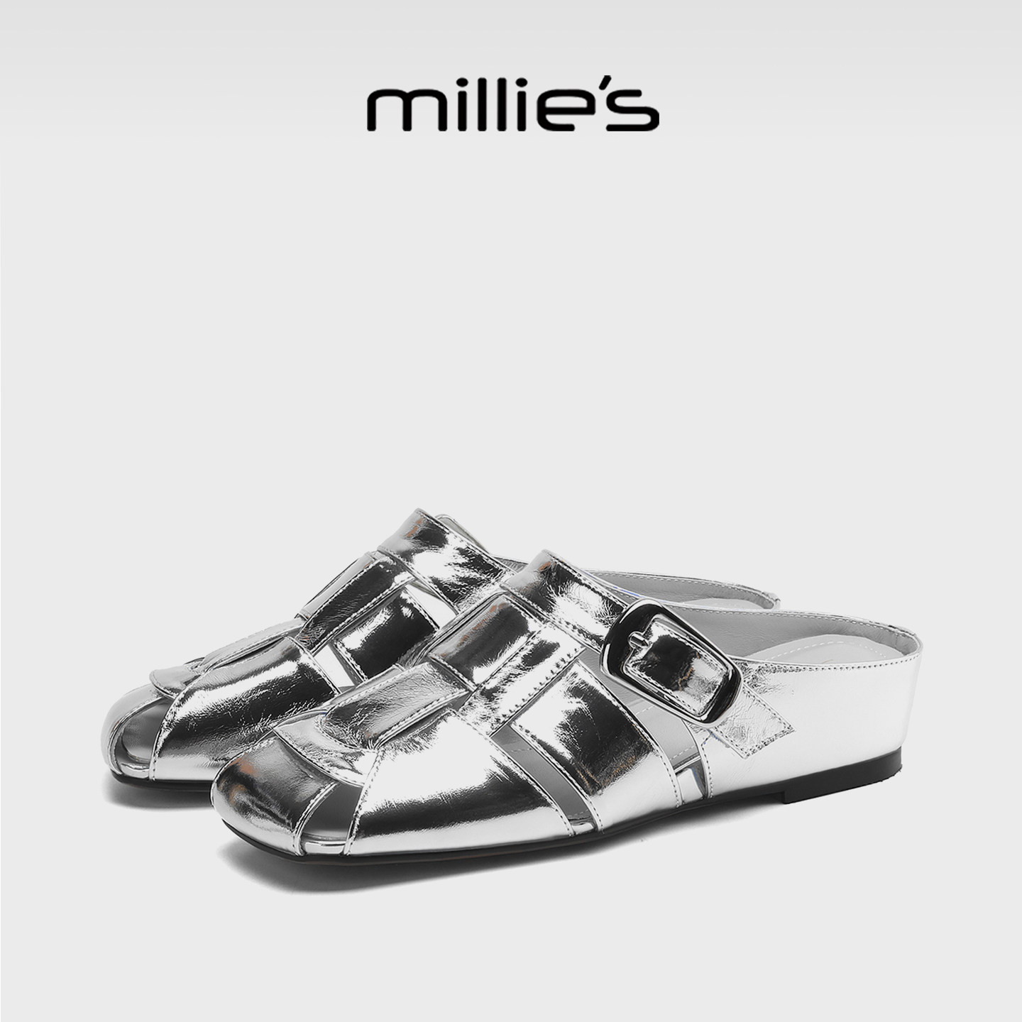 MILLIE'S/妙丽银色包头穆勒鞋女夏季平底内增高一脚蹬外穿半拖鞋