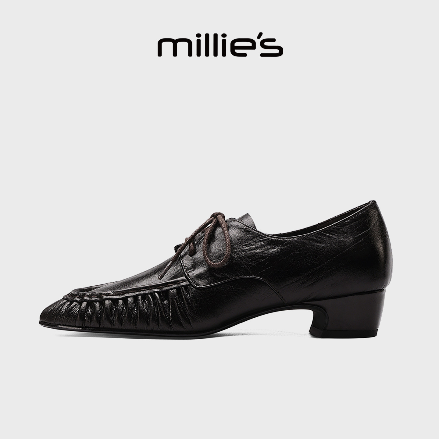 MILLIE'S/妙丽复古风黑色真皮深口单鞋女粗跟系带编织纹牛皮女鞋