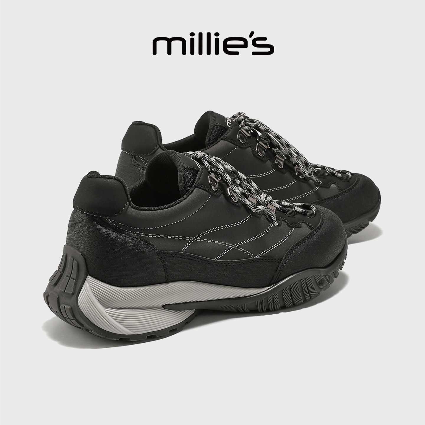 MILLIE'S/妙丽户外运动鞋女2026新款秋冬黑色防滑百搭休闲工装鞋