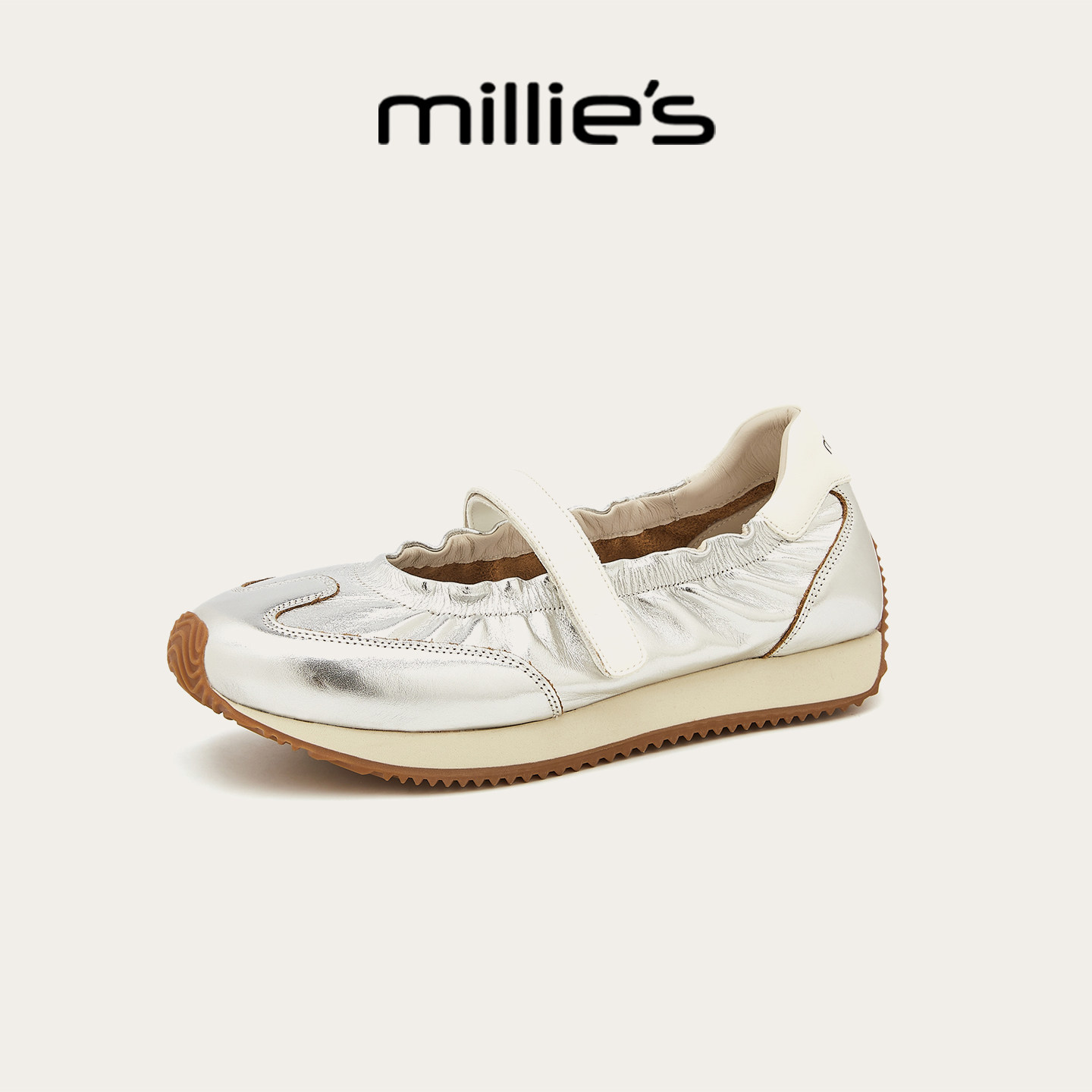 MILLIE'S/妙丽银色玛丽珍鞋女2026春季浅口平底芭蕾舞鞋休闲单鞋,女鞋,时尚芭蕾鞋,淘宝优惠券,粉丝福利购,淘宝优惠卷