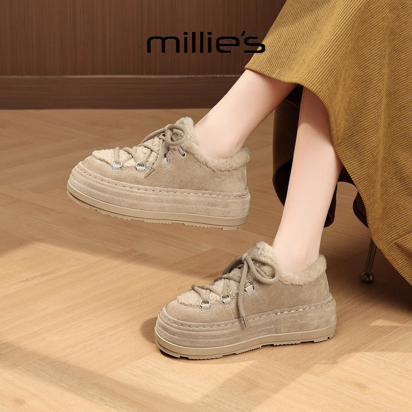 MILLIE'S/妙丽加绒毛毛德训鞋女款2026春季新款棉鞋休闲厚底板鞋