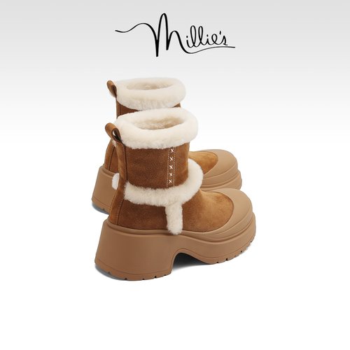 MILLIE'S/妙丽厚底加绒马丁靴翻毛皮短靴保暖毛边雪地靴冬季新款