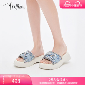 millie's妙丽新款丹宁老花时尚休闲通勤饰扣厚底女凉拖鞋SFE03BT2