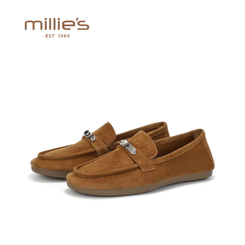 MILLIE'S/妙丽老钱风麂皮乐福鞋女复古百搭一脚蹬豆豆鞋平底单鞋