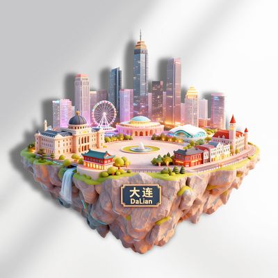 大连动漫风金属城市浮雕冰箱贴