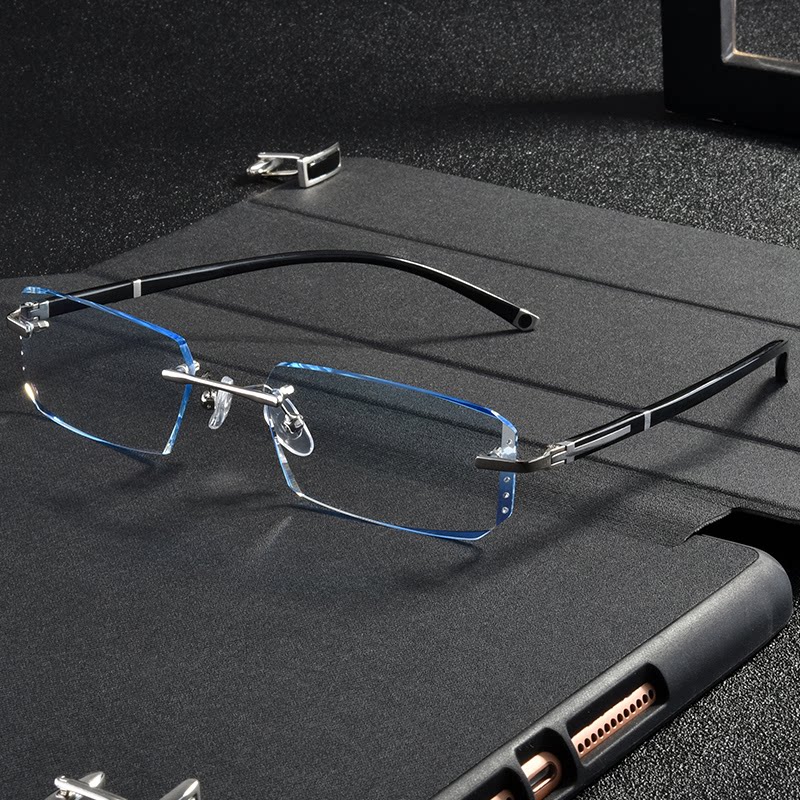 平光变色超轻近视眼镜男女无框有度数切边商务大脸散光防蓝光辐射
