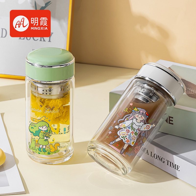 INS风玻璃杯双层隔热防烫高颜值女生茶杯家用办公便携水杯子定制