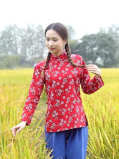 村姑服装女农村衣服怀旧老式大襟花布衣服农民装采茶服村姑演出服