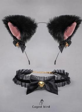 笼中鸟猫耳朵铃铛黑色发箍头饰发卡女可爱项圈cos装扮