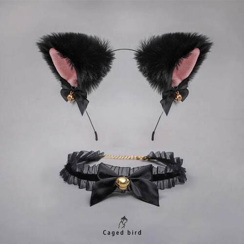 笼中鸟猫耳朵铃铛黑色发箍头饰发卡女可爱项圈cos装扮