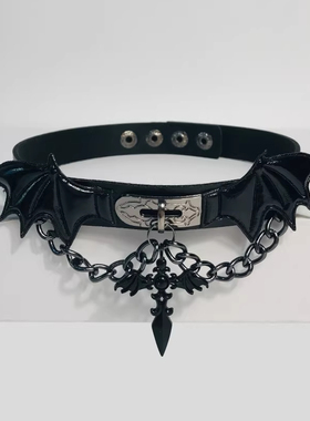 Lolita甜酷暗黑恶魔翅膀十字架吊坠皮项圈choker女哥特万圣节项链