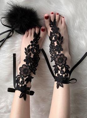 性感镂空黑色蕾丝脚链女ins系带束口薄款高级感脚脖装饰绑带腿环