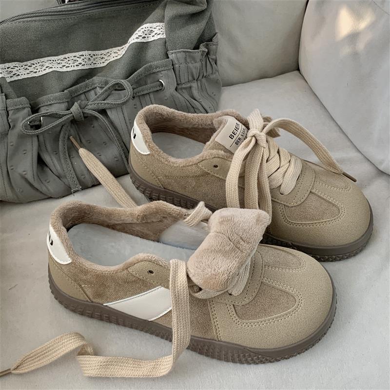2024秋冬新款保暖棉鞋圆头复古百搭加绒板鞋休闲德训鞋女雪地靴