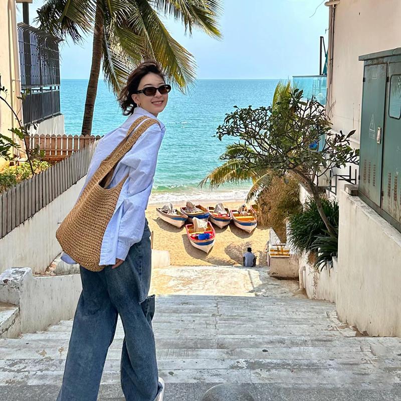 侧面cm单肩大容量斜挎草包女夏帆布袋海边度假沙滩编织包包草编包图片