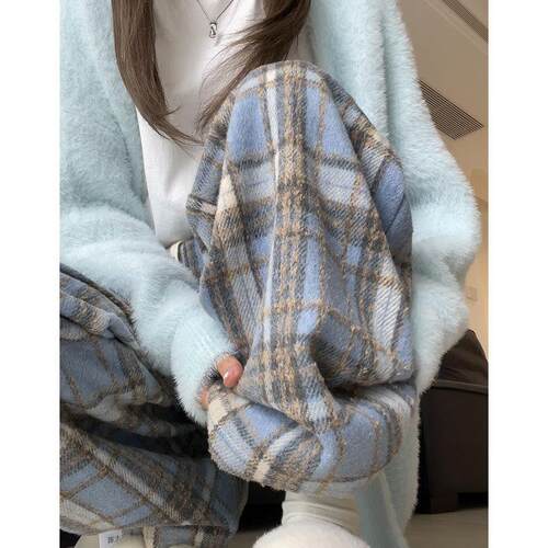 蓝色毛呢格子裤子女秋冬加绒2026新款高腰垂感休闲拖地复古阔腿裤