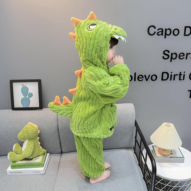 女童睡衣2024新款秋冬儿童加绒珊瑚绒加厚宝宝冬季两件式恐龙家居